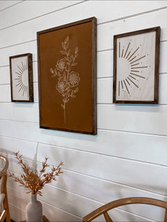 3 Piece Hand Sketched Flower & Sunburst Wood Artwork