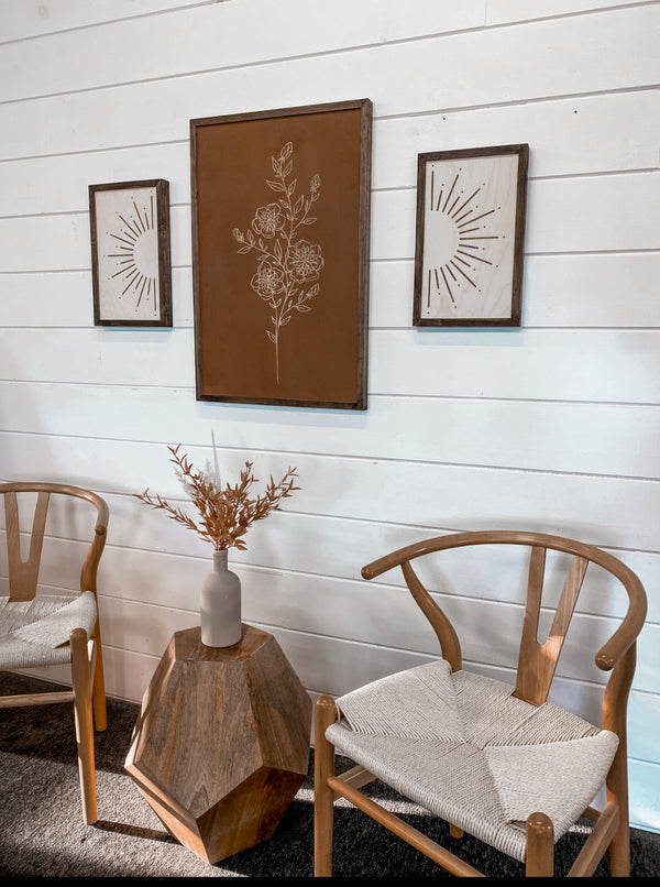 3 Piece Hand Sketched Flower & Sunburst Wood Artwork