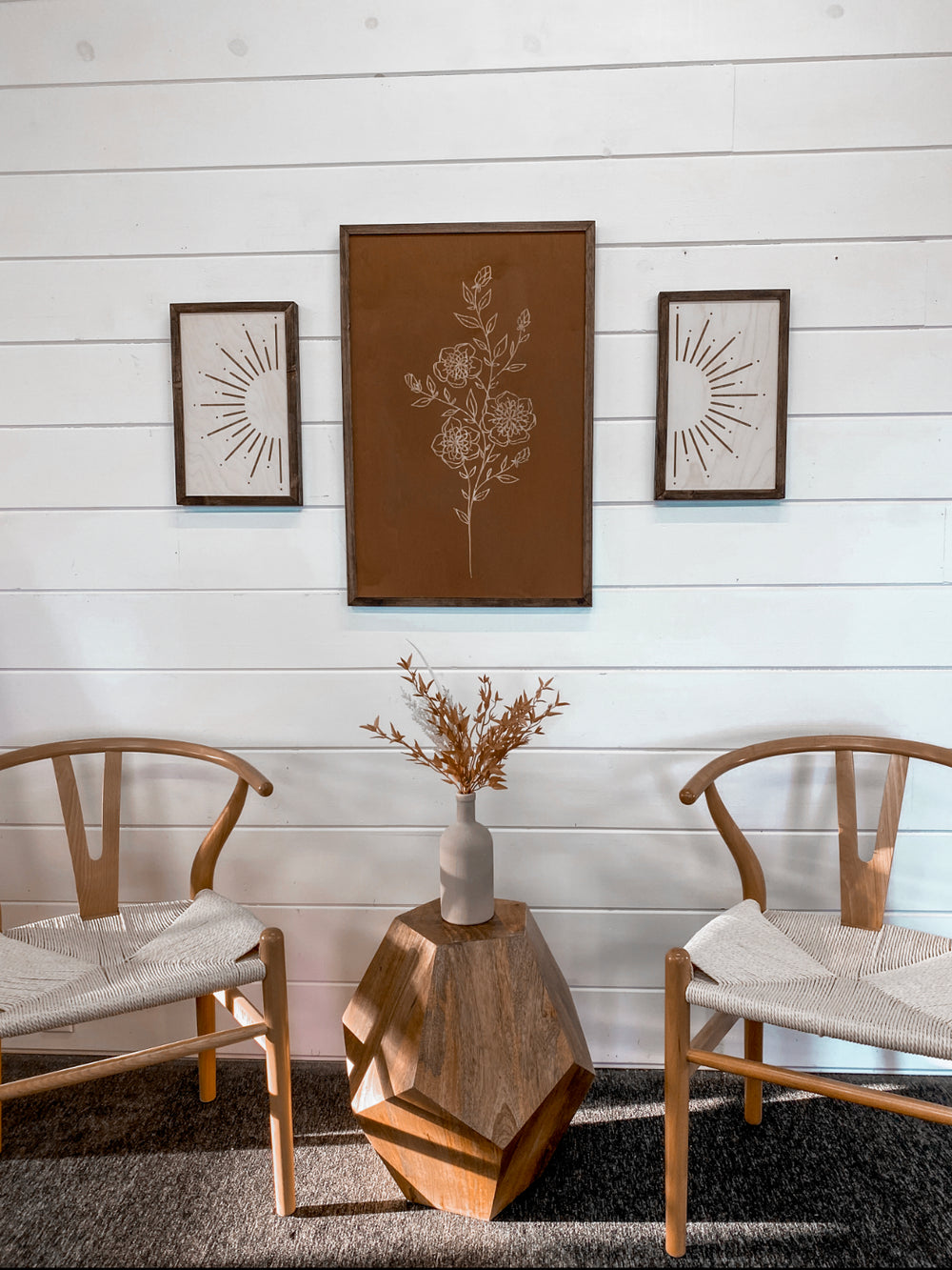 3 Piece Hand Sketched Flower & Sunburst Wood Artwork