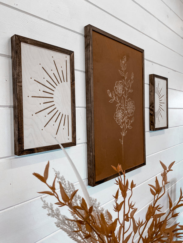 3 Piece Hand Sketched Flower & Sunburst Wood Artwork