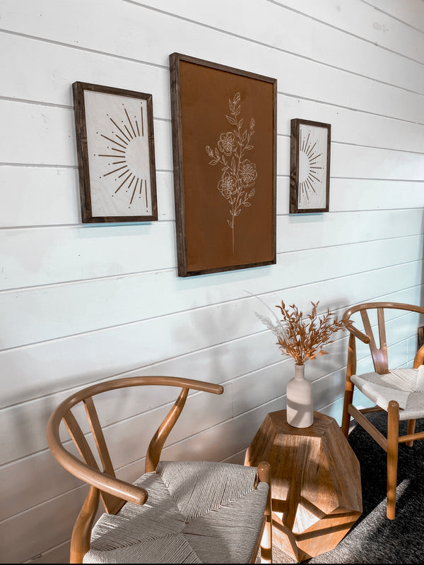 3 Piece Hand Sketched Flower & Sunburst Wood Artwork