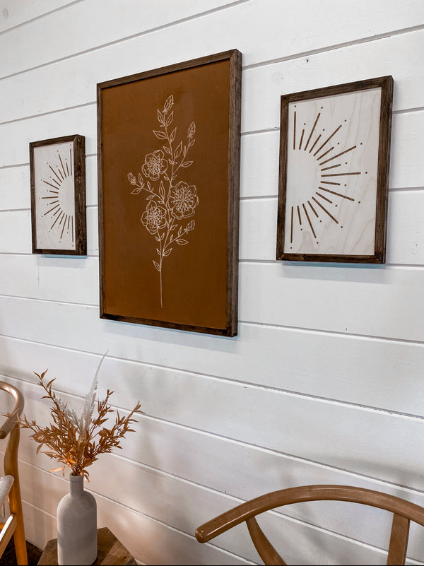 3 Piece Hand Sketched Flower & Sunburst Wood Artwork