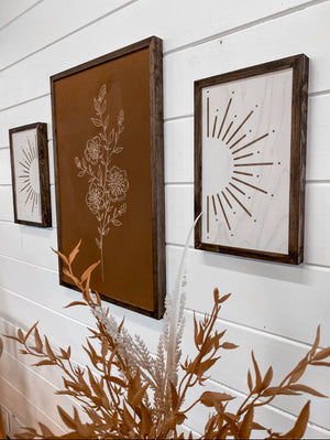 3 Piece Hand Sketched Flower & Sunburst Wood Artwork