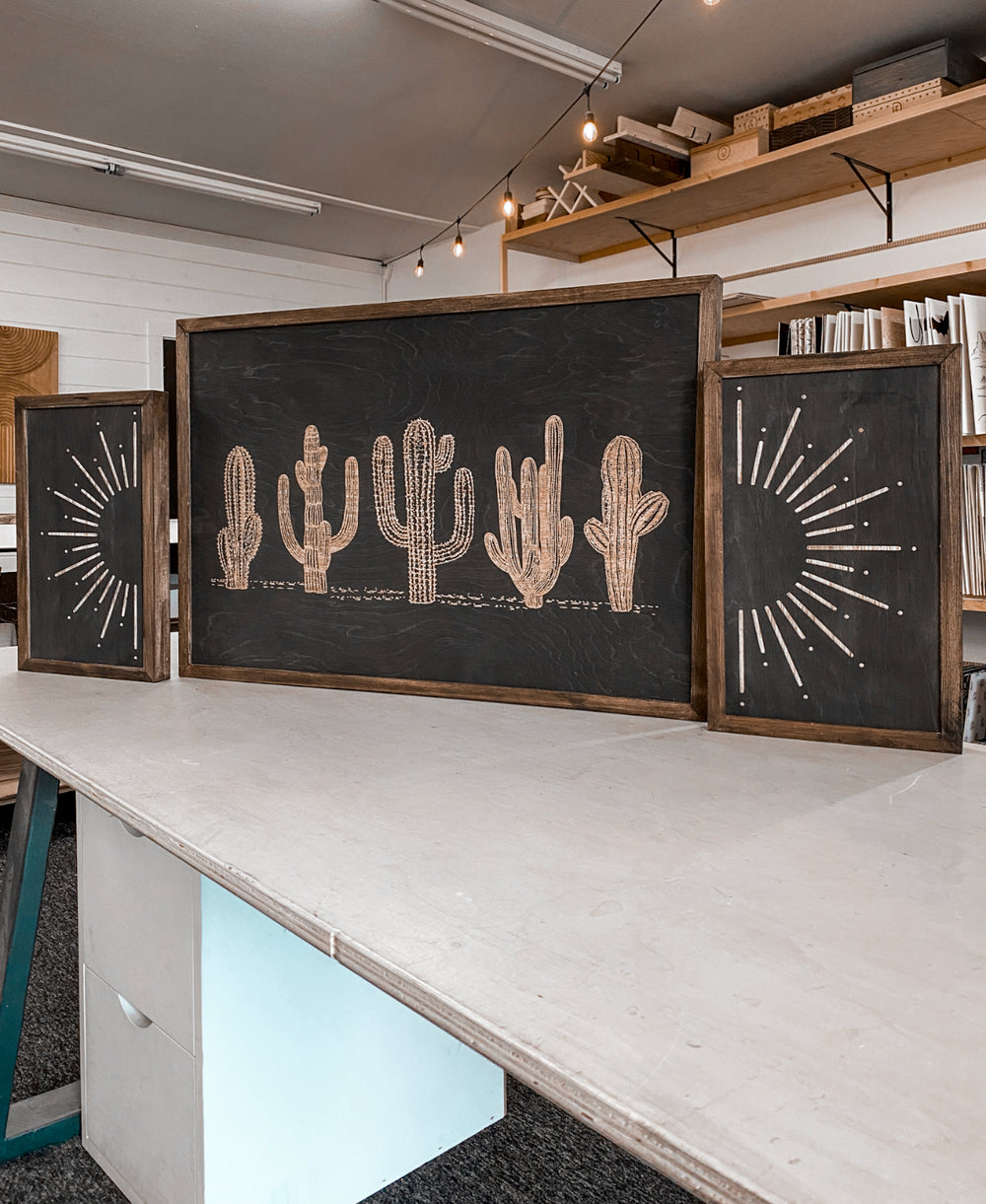 3 Piece Hand Sketched Cactus & Sun Wood Artwork | Boho Cactus Decor