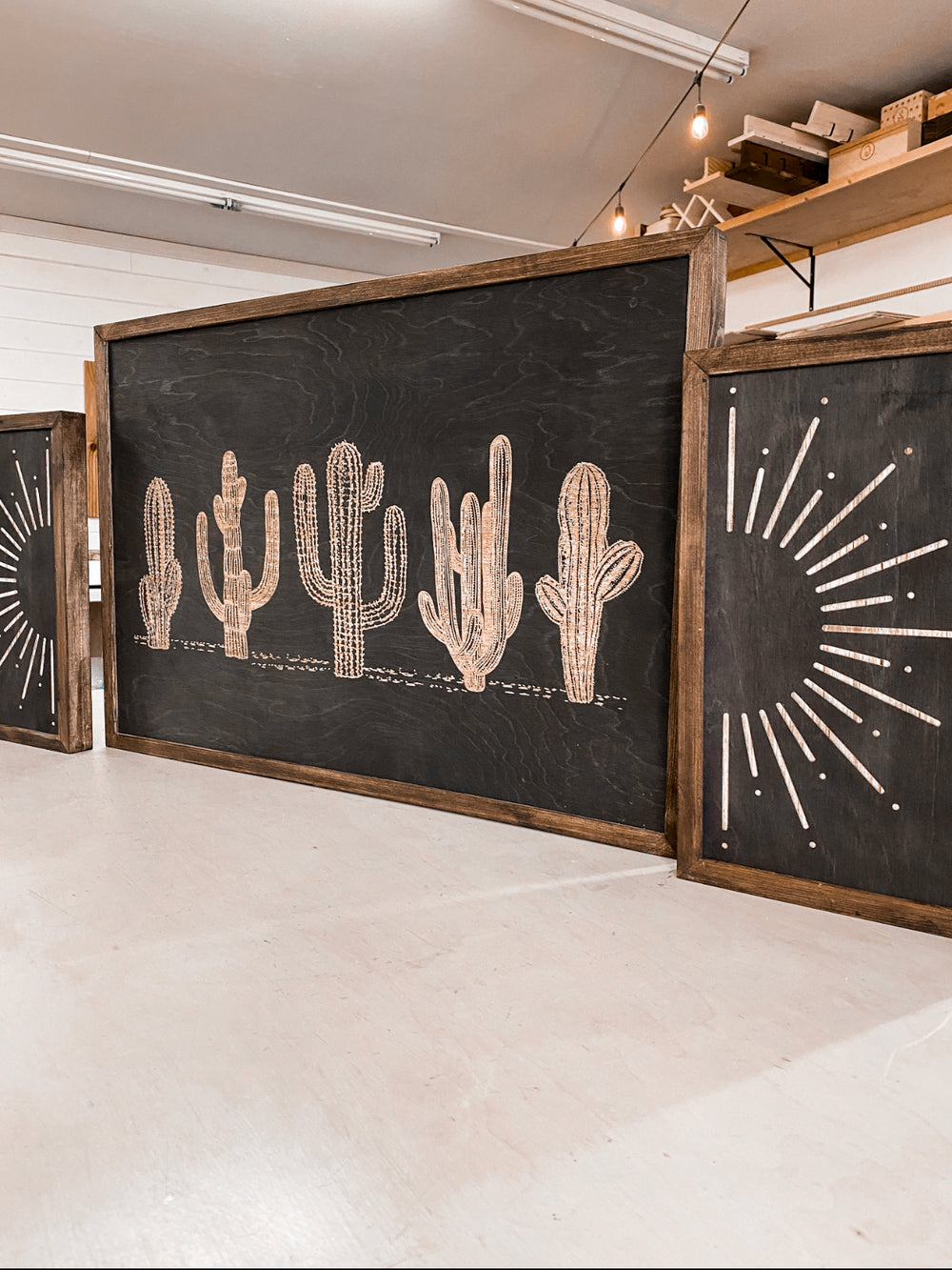 3 Piece Hand Sketched Cactus & Sun Wood Artwork | Boho Cactus Decor