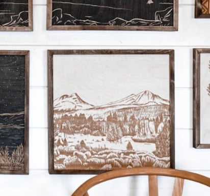 Sisters Mountains Landscape Hand Sketched Engraved Wooden Artwork
