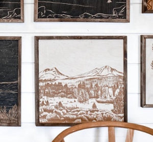 Sisters Mountains Landscape Hand Sketched Engraved Wooden Artwork