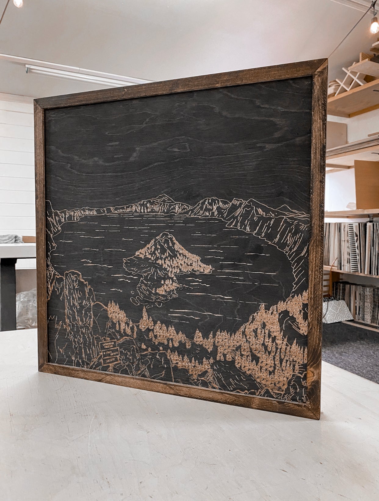 Crater Lake Discovery Point Oregon Hand Sketched Engraved Wooden Artwork