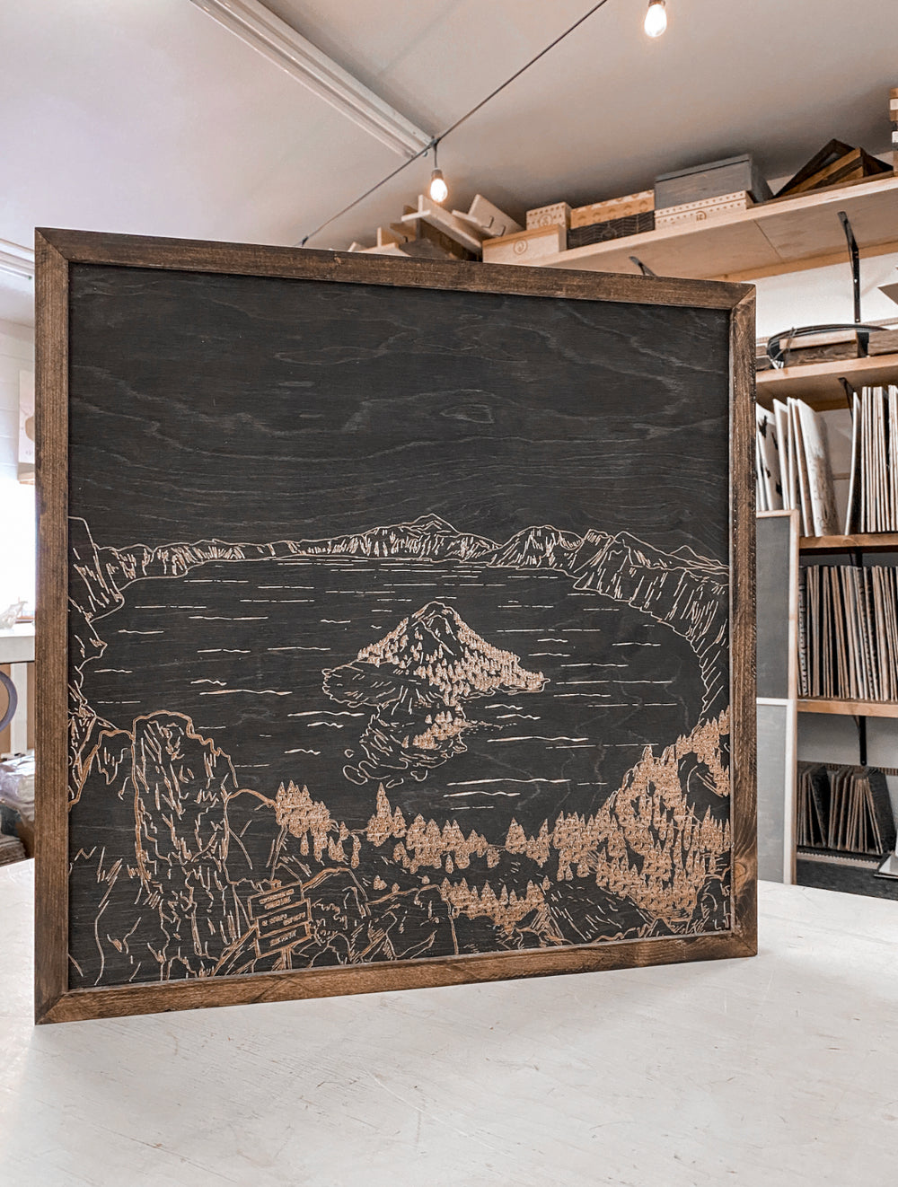 Crater Lake Discovery Point Oregon Hand Sketched Engraved Wooden Artwork