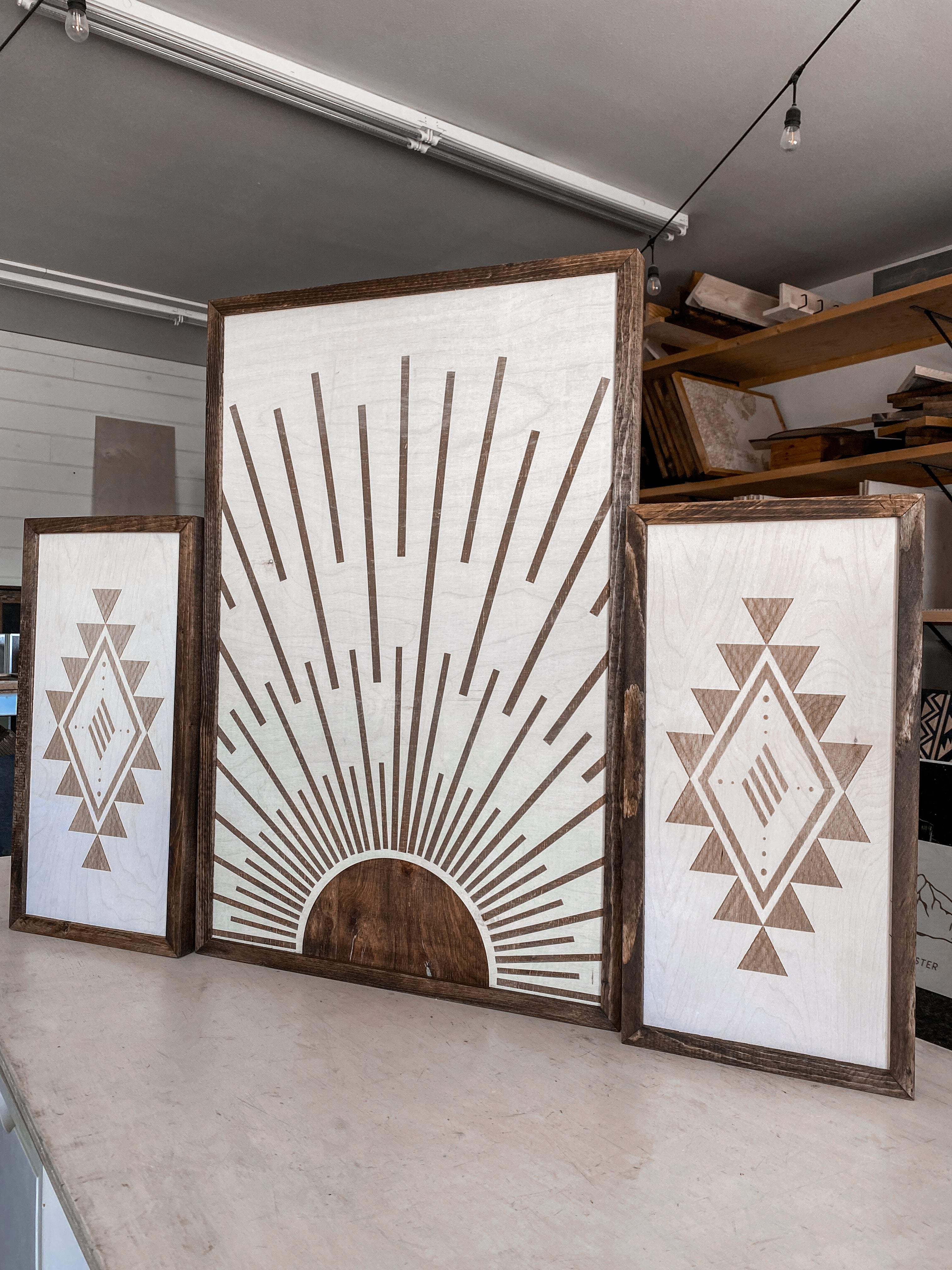 Boho Sunburst & Simple Aztec Wood Wall Art | 3 Piece Set