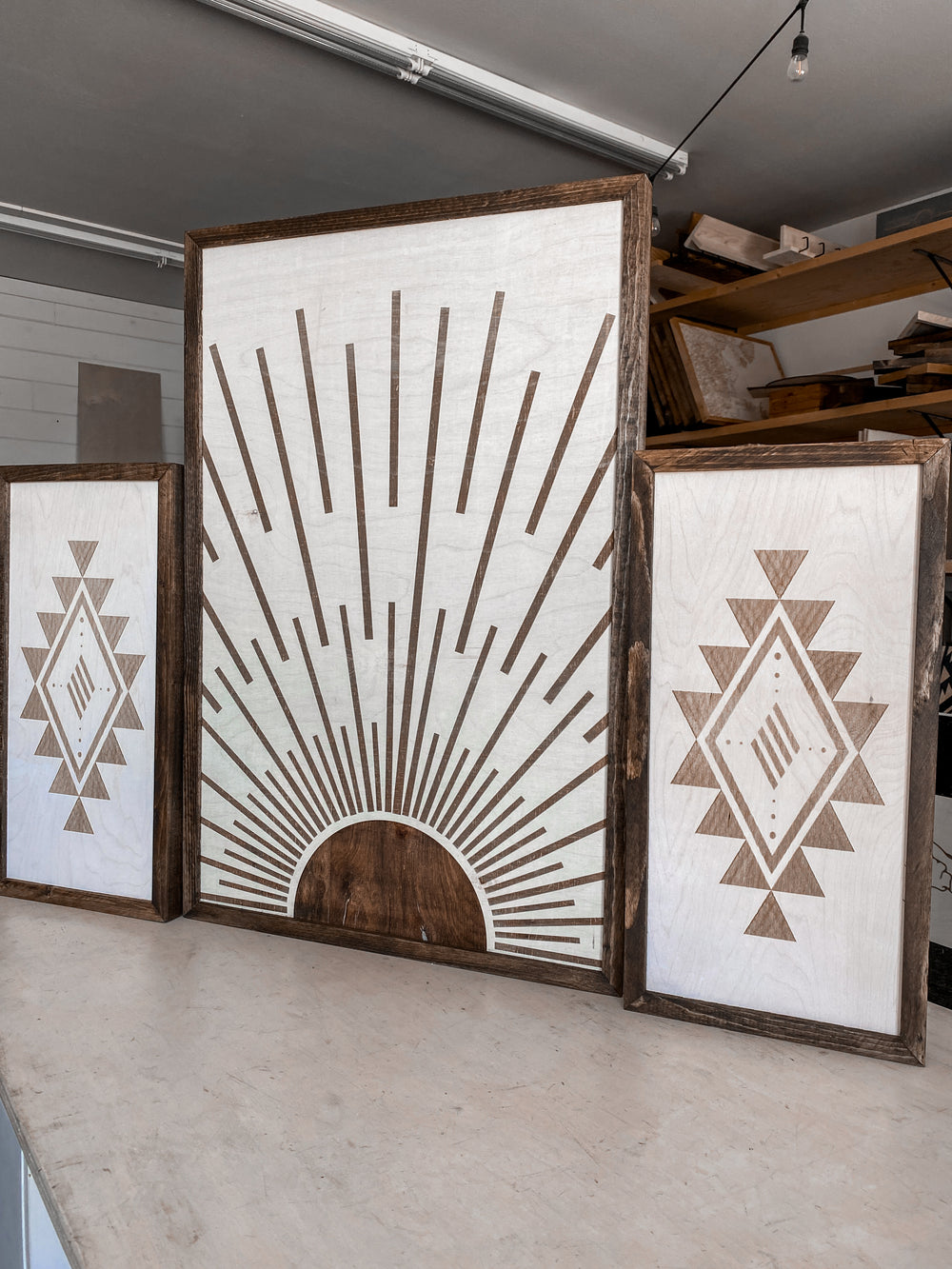 Boho Sunburst & Simple Aztec Wood Wall Art | 3 Piece Set