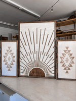 Load image into Gallery viewer, Boho Sunburst &amp; Simple Aztec Wood Wall Art | 3 Piece Set
