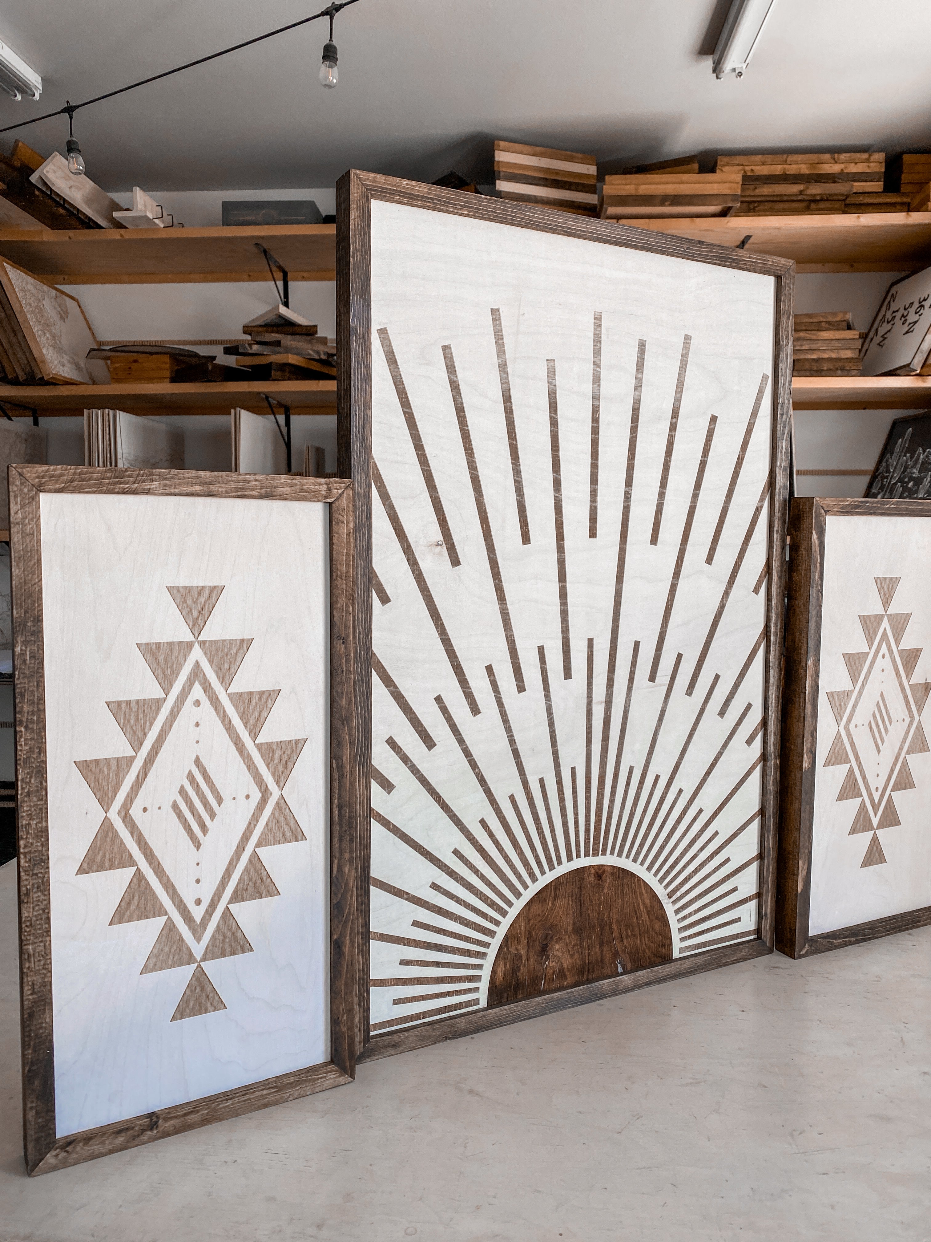 Boho Sunburst & Simple Aztec Wood Wall Art | 3 Piece Set