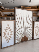 Load image into Gallery viewer, Boho Sunburst &amp; Simple Aztec Wood Wall Art | 3 Piece Set
