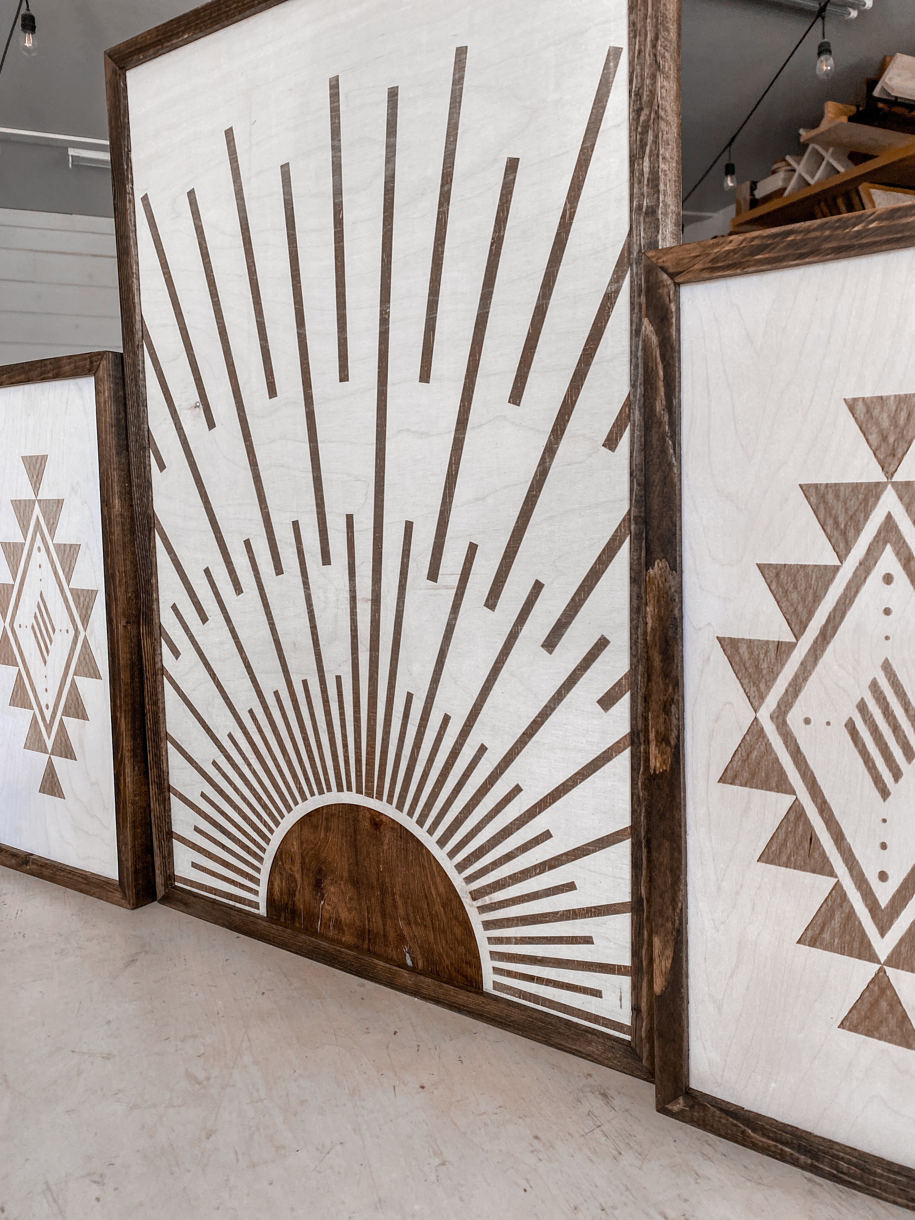 Boho Sunburst & Simple Aztec Wood Wall Art | 3 Piece Set