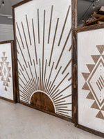 Load image into Gallery viewer, Boho Sunburst &amp; Simple Aztec Wood Wall Art | 3 Piece Set
