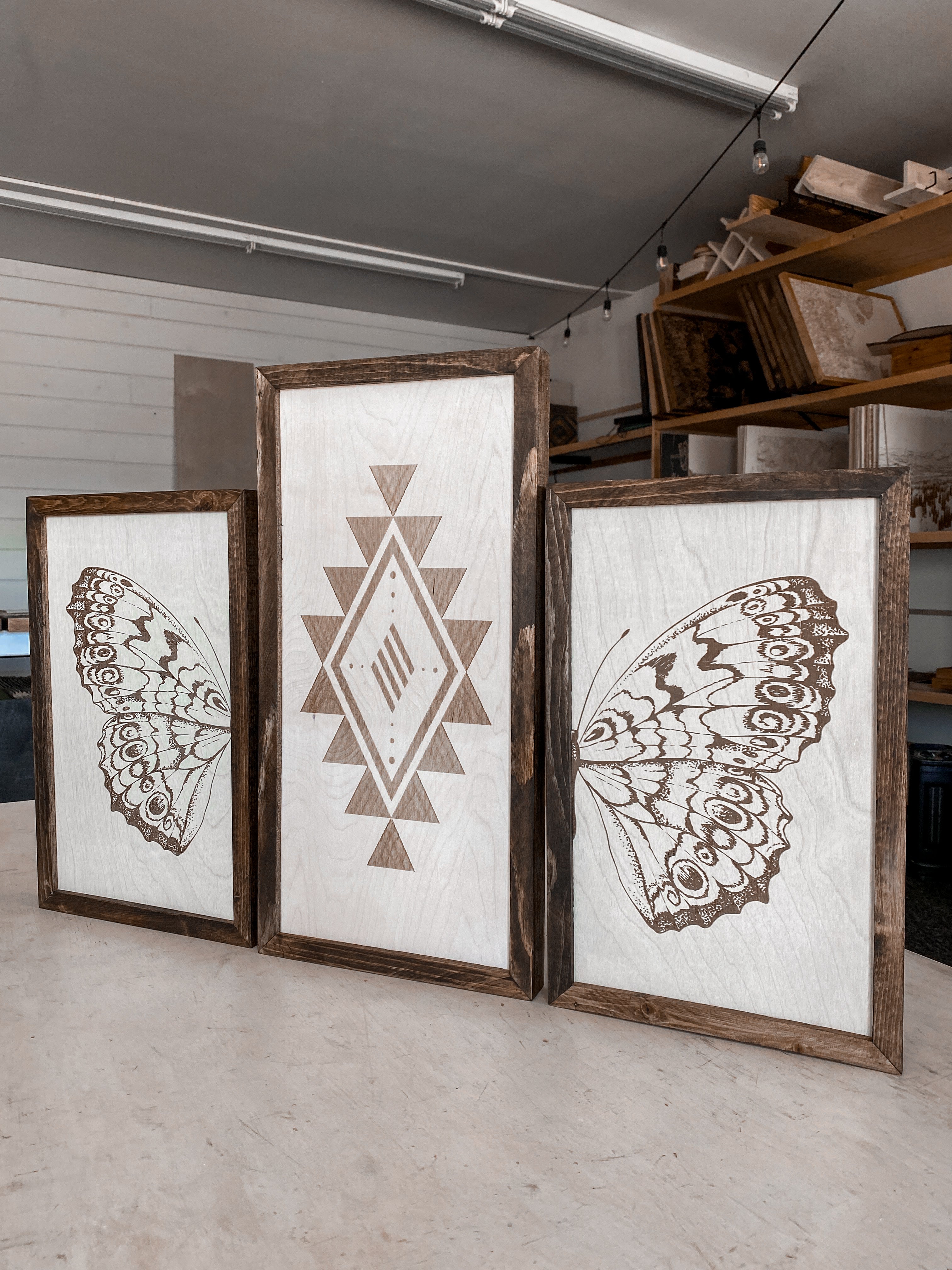 Simple Aztec & Butterfly Wood Wall Art | 3 Piece Set