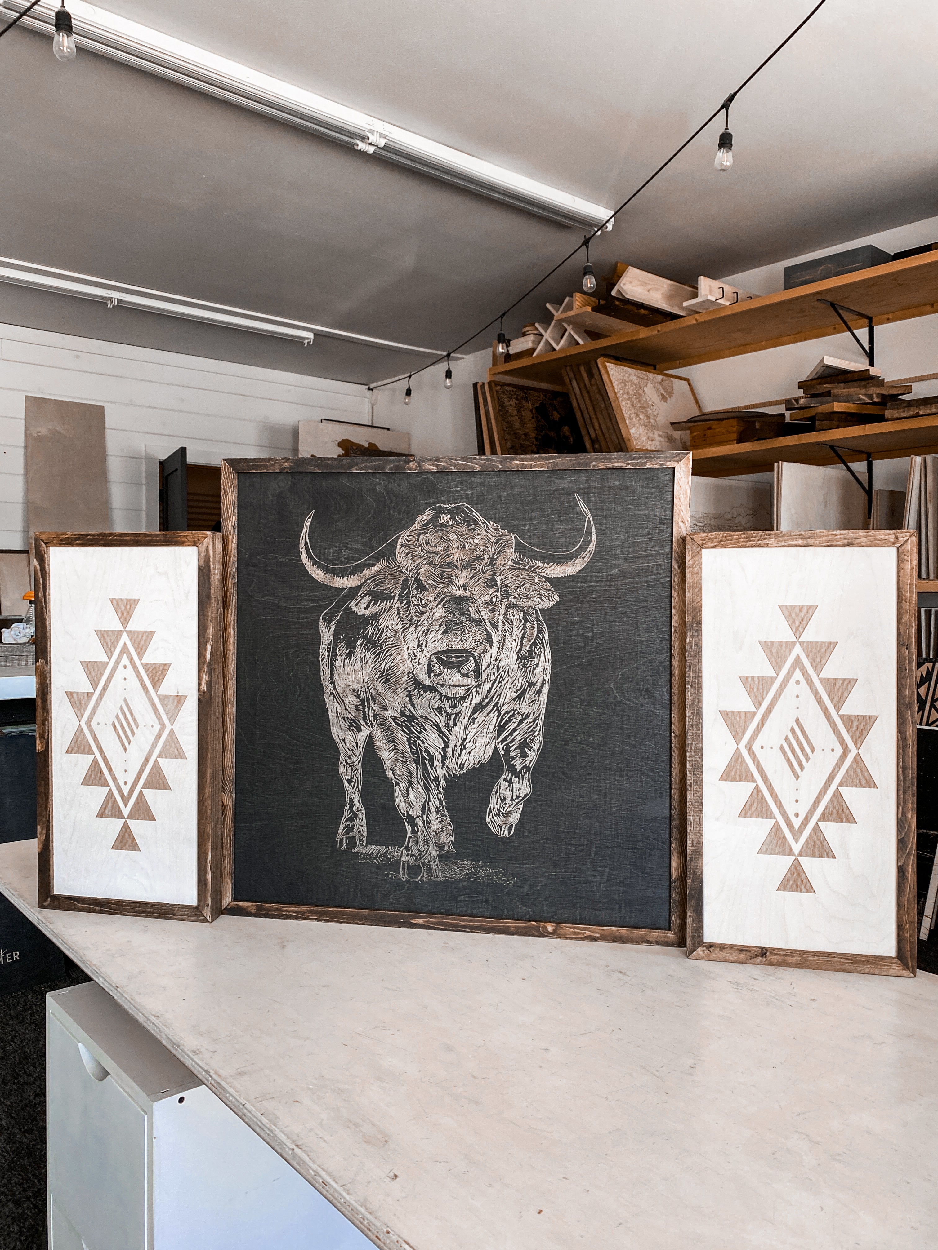 Bull & Simple Aztec Wood Wall Art | 3 Piece Set