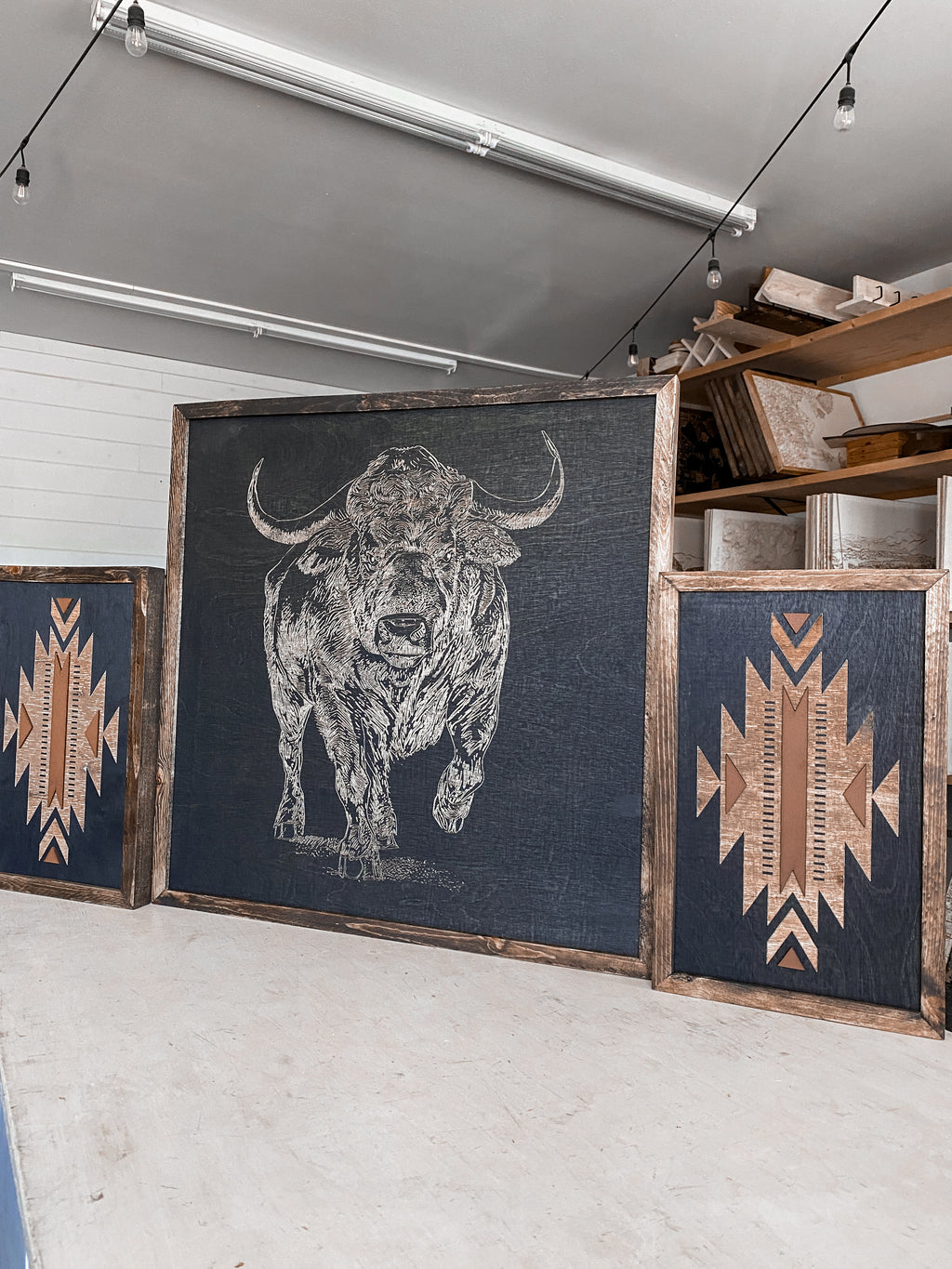 Bull & Aztec Terracotta Wood Wall Art | 3 Piece Set