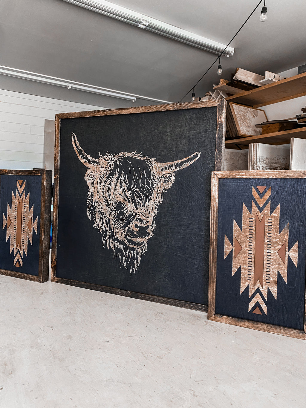 Highlander Cow & Tribal Aztec Wood Wall Art | 3 Piece Set