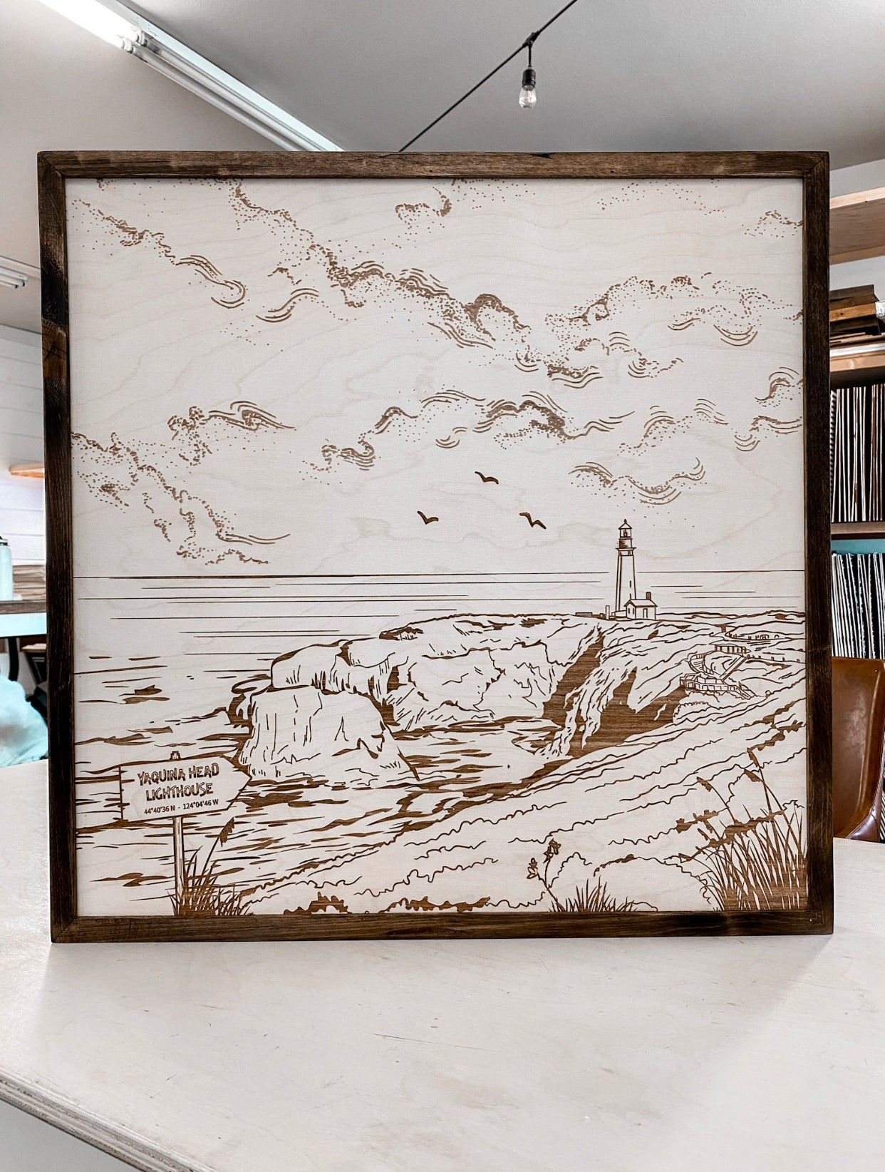 Yaquina Head Lighthouse Hand Sketched Engraved Wooden Artwork