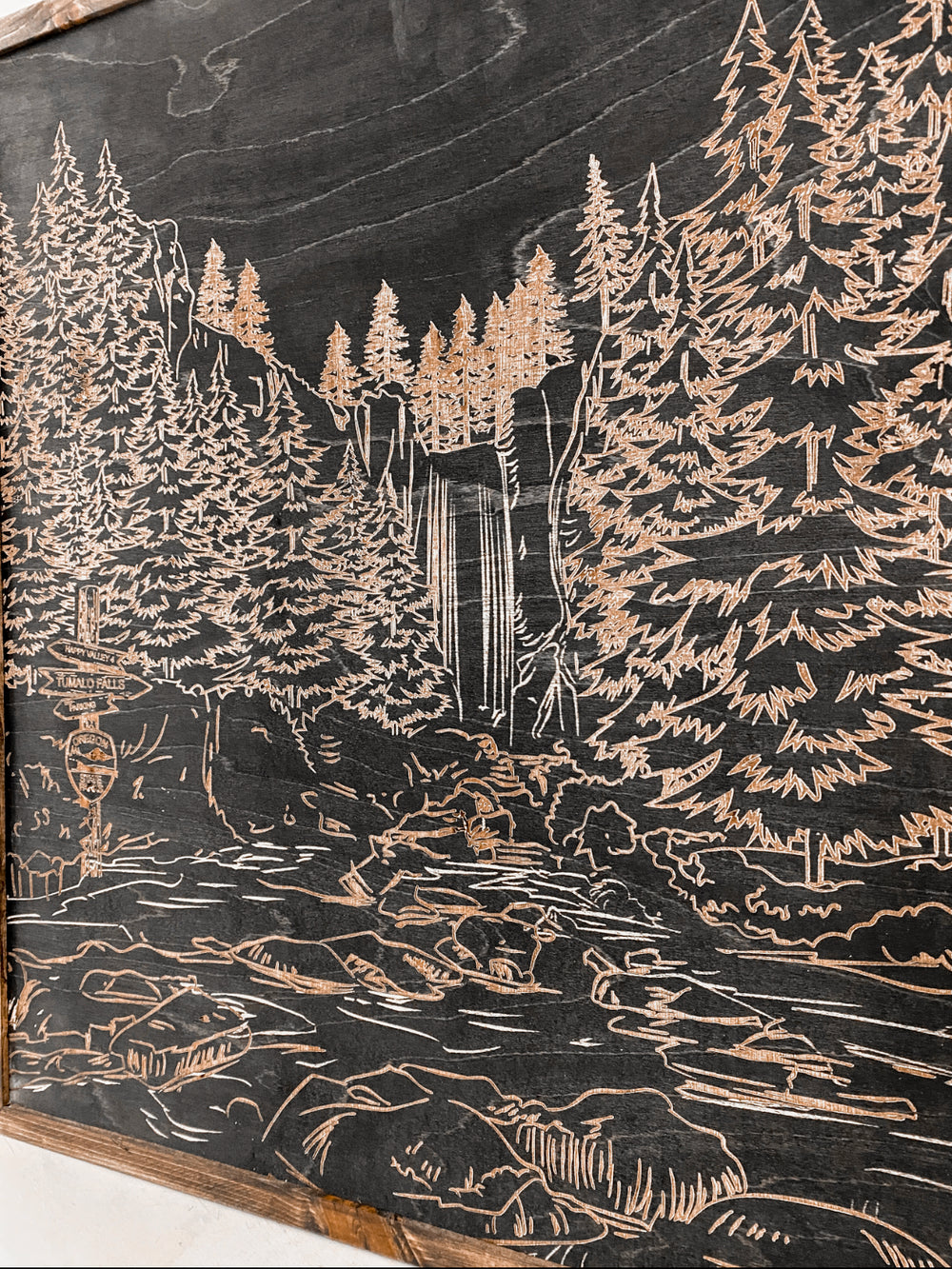 Tumalo Falls Hand Sketched Engraved Wooden Artwork