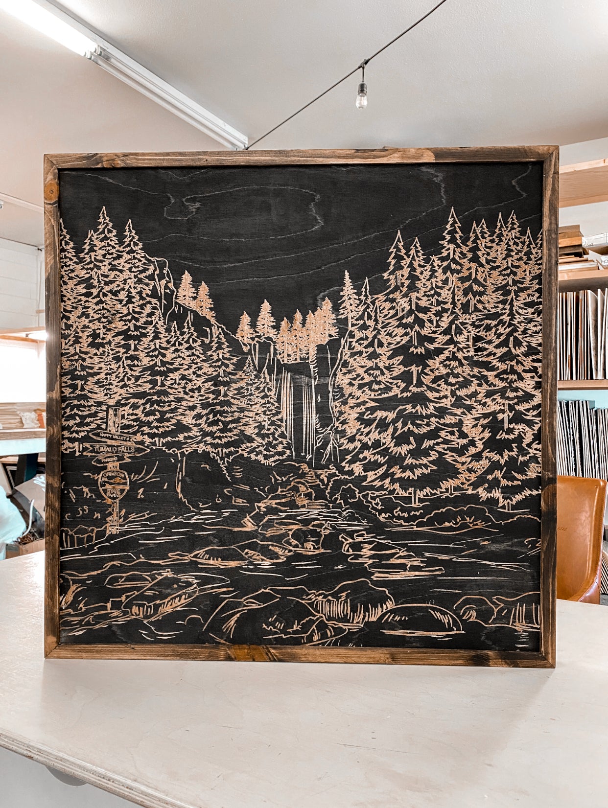 Tumalo Falls Hand Sketched Engraved Wooden Artwork