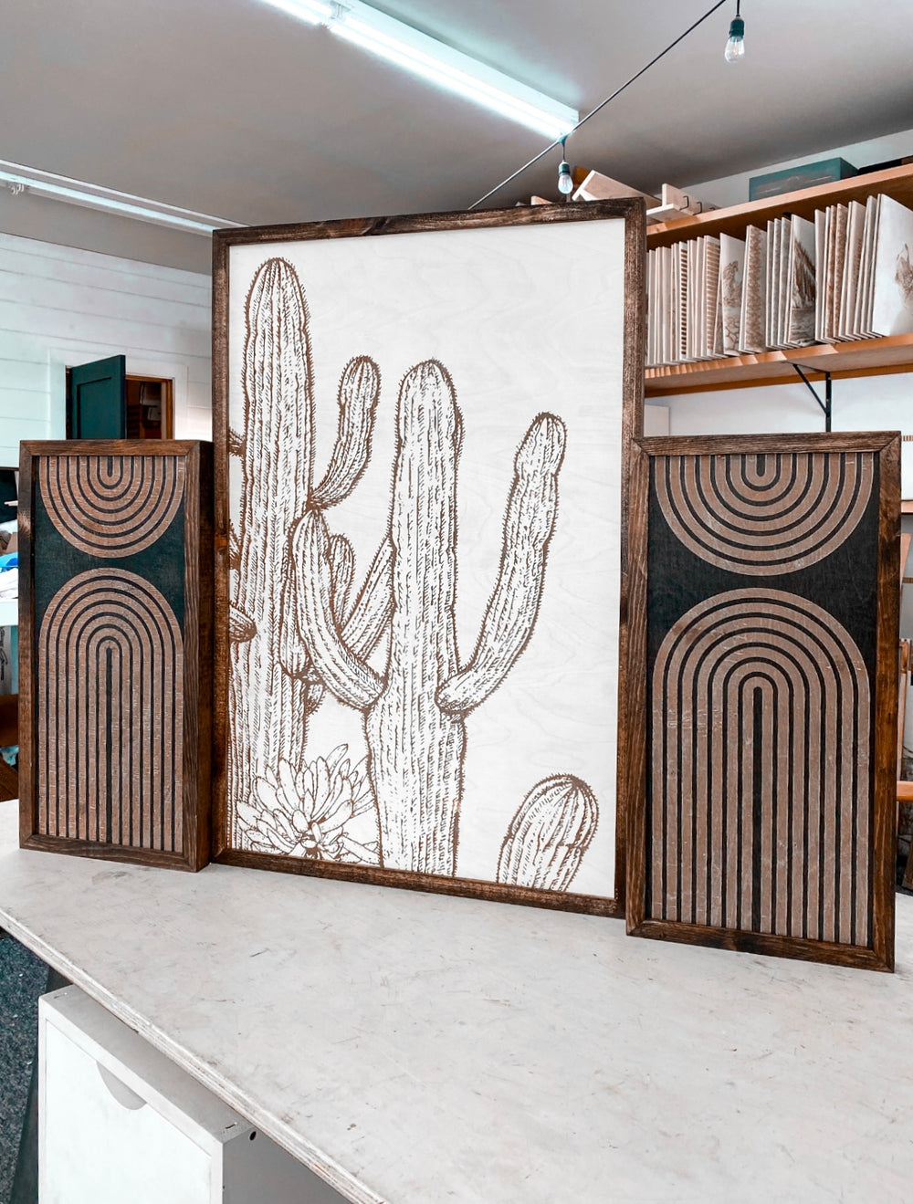 Cactus & Boho Rainbow Wood Wall Art | 3 Piece Art Set | Cactus Wall Decor