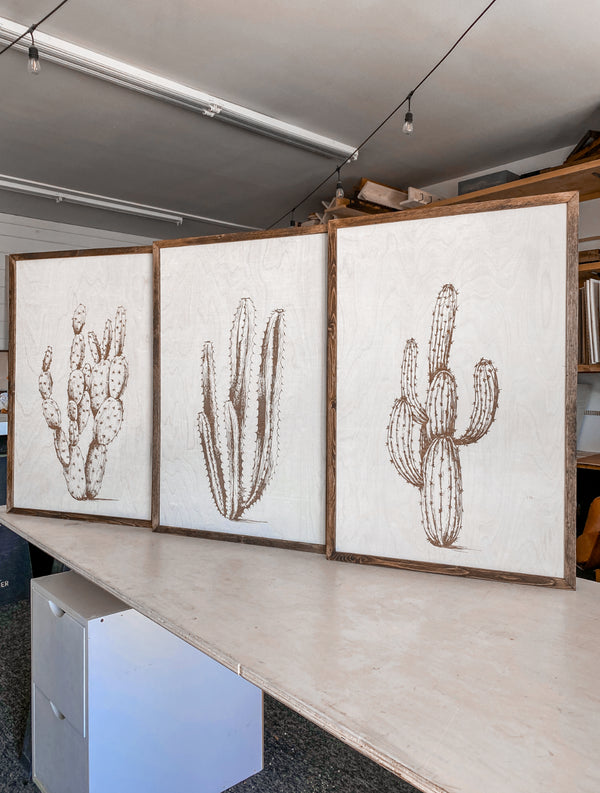 Three Piece Cactus Wood Wall Decor Set | Large Wall Art Set