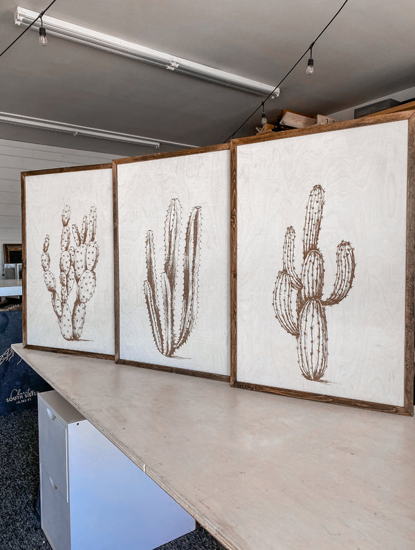 Three Piece Cactus Wood Wall Decor Set | Large Wall Art Set
