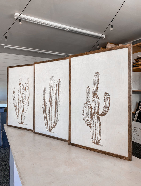 Three Piece Cactus Wood Wall Decor Set | Large Wall Art Set