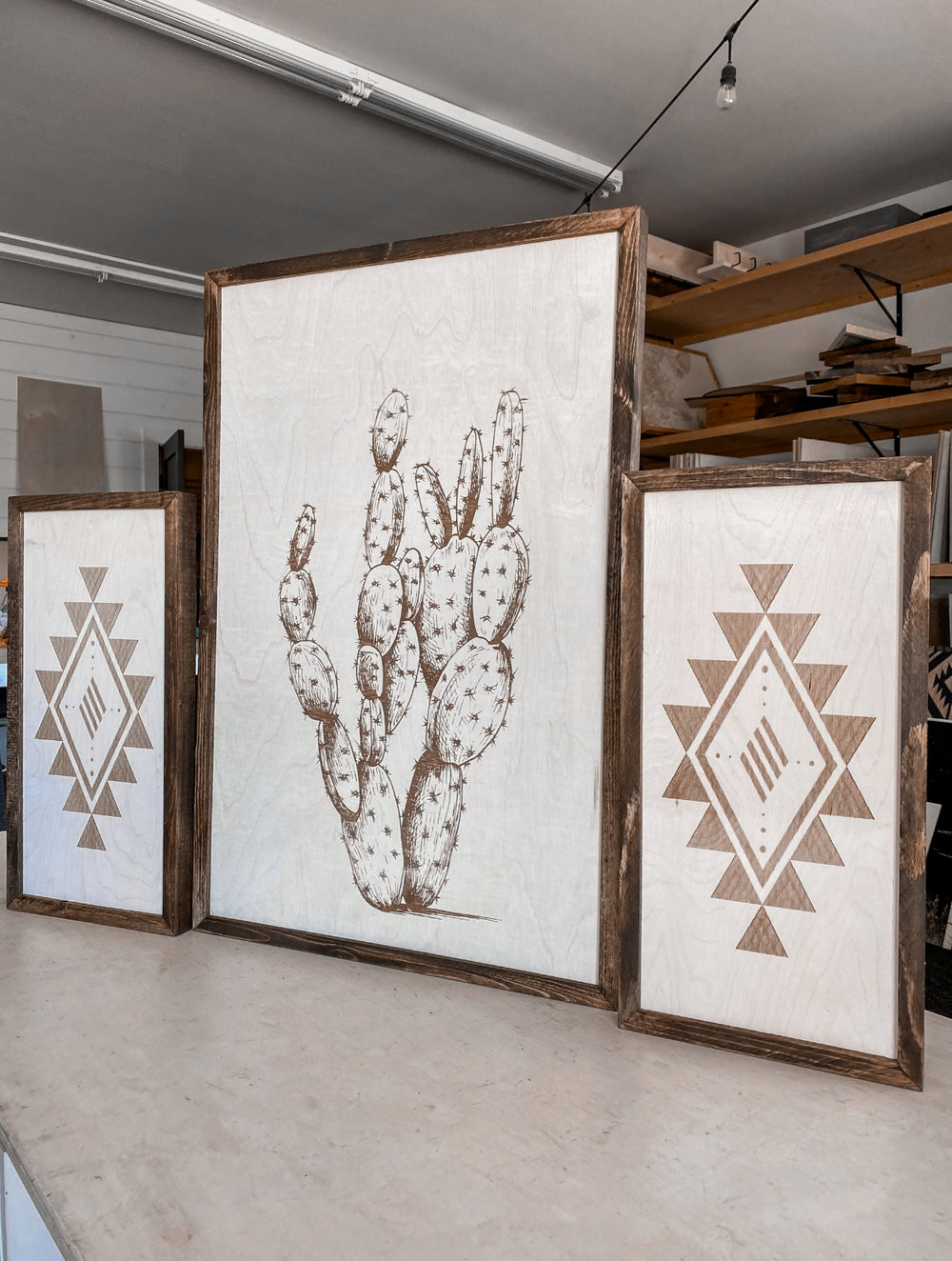 Cactus & Aztec Wood Wall Art | 3 Piece Art Set | Cactus Wall Decor