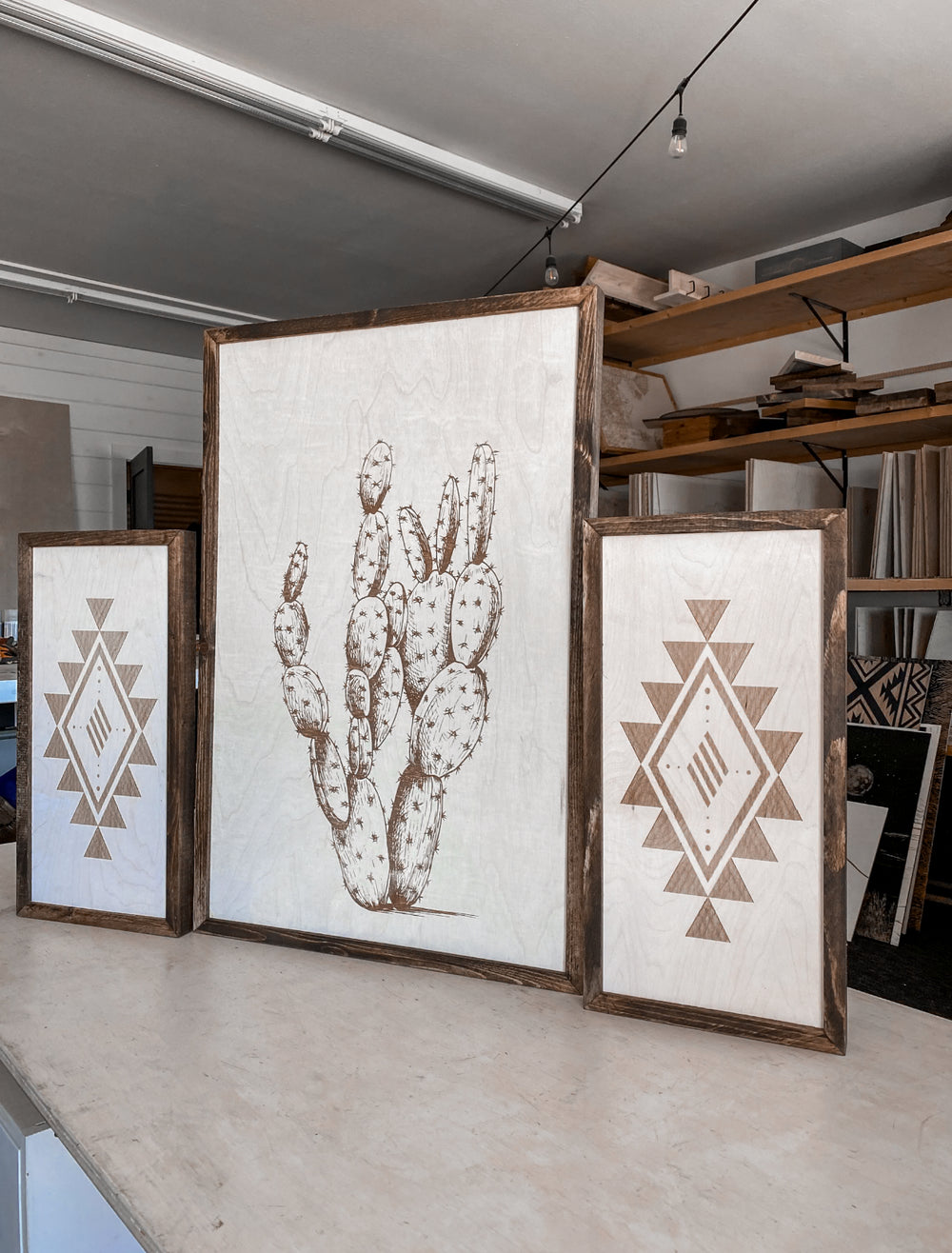 Cactus & Aztec Wood Wall Art | 3 Piece Art Set | Cactus Wall Decor