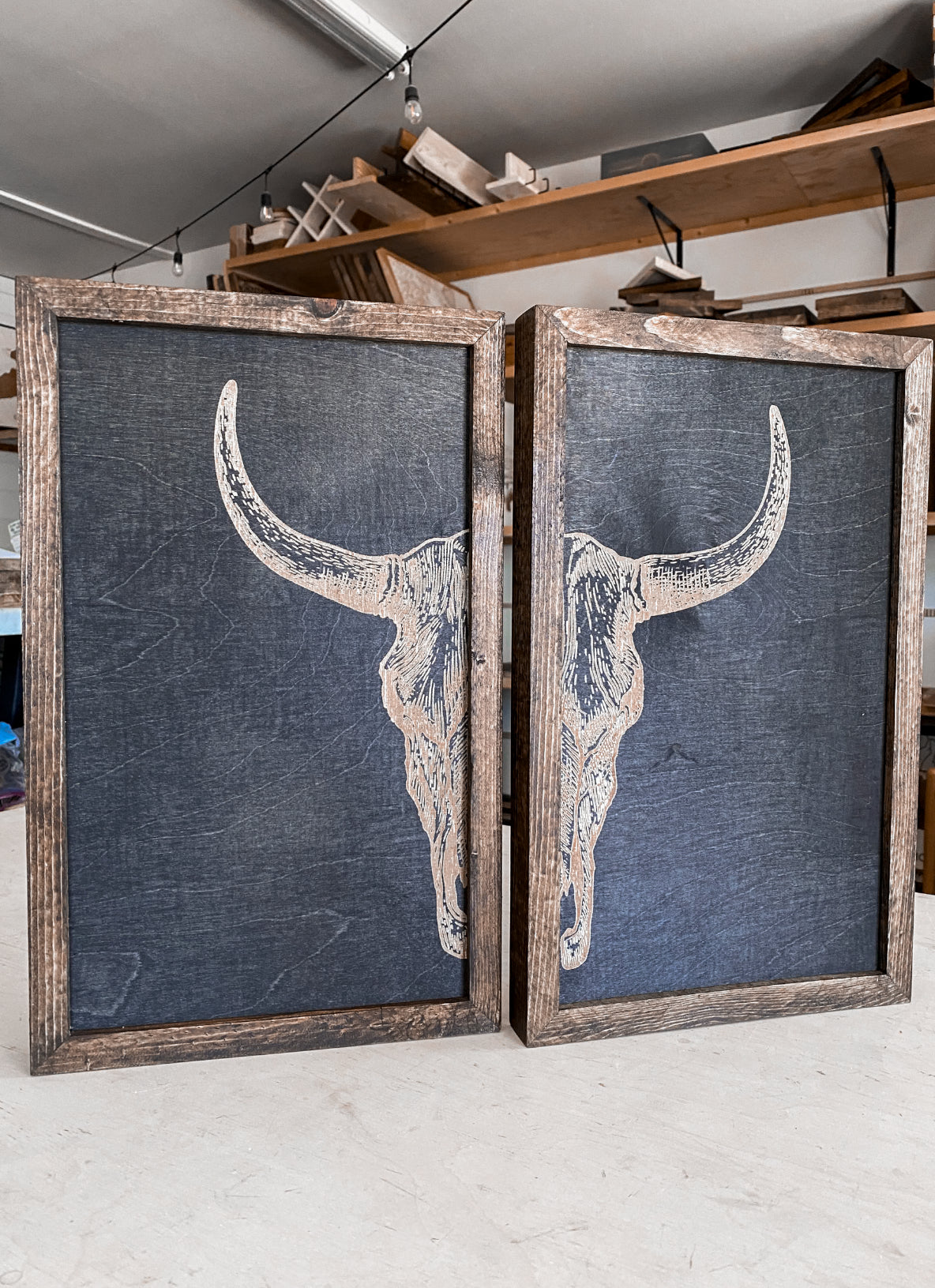 Bull Skull Wood Wall Art |  2 Piece Set