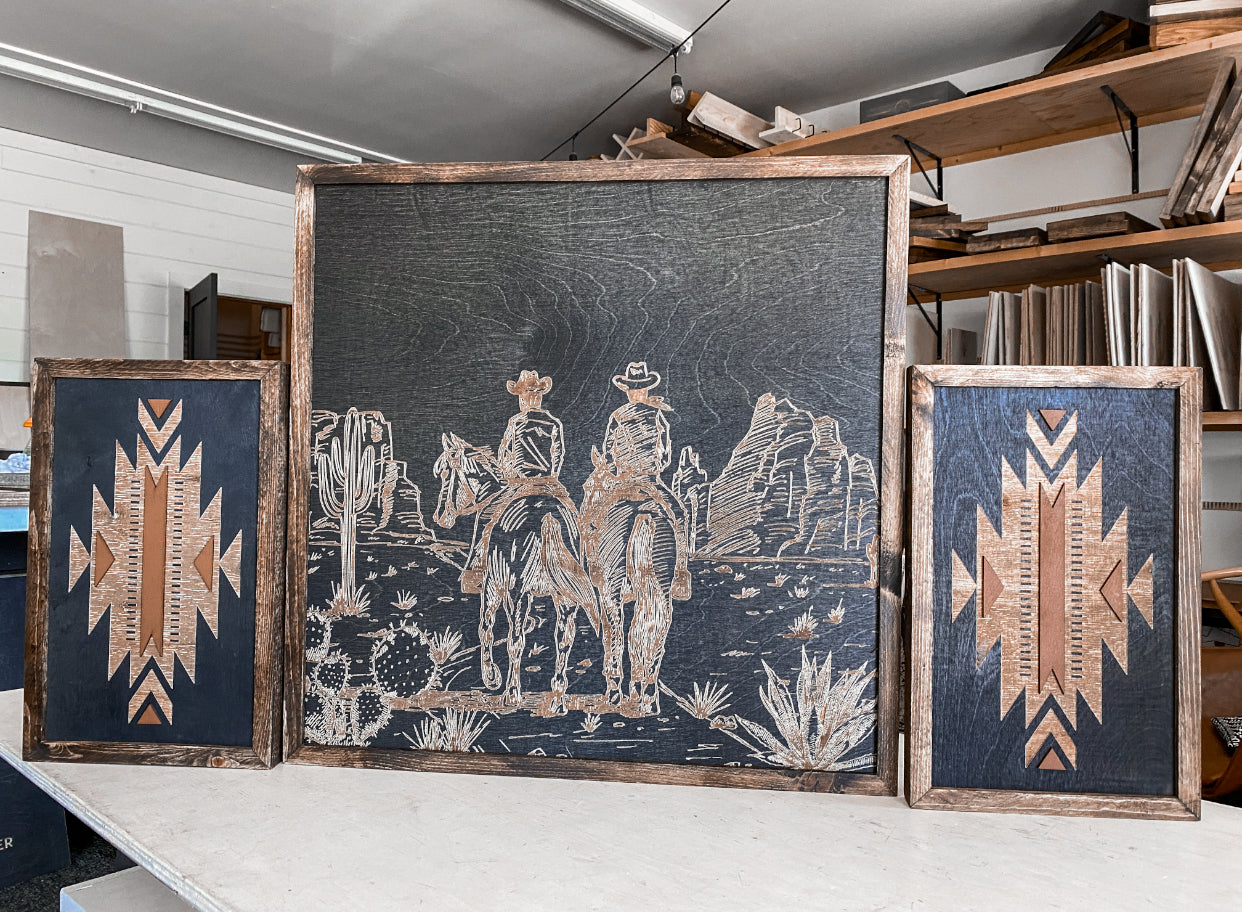 Cowboys & Horses in Desert with Tribal Aztec Wood Wall Art | 3 Piece Set