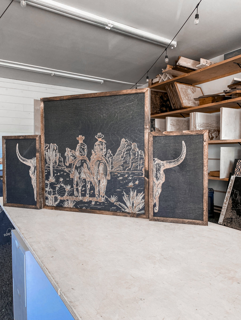 Cowboys & Horses in Desert and Bull Skull Wood Wall Art | 3 Piece Set