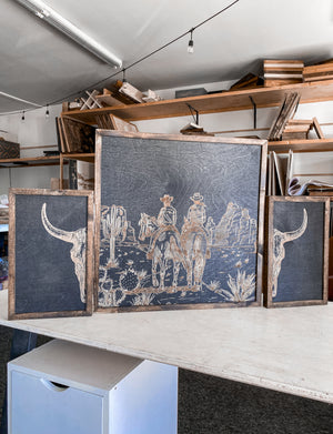 Cowboys & Horses in Desert and Bull Skull Wood Wall Art | 3 Piece Set