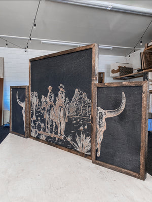 Cowboys & Horses in Desert and Bull Skull Wood Wall Art | 3 Piece Set