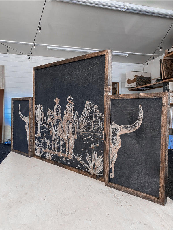 Cowboys & Horses in Desert and Bull Skull Wood Wall Art | 3 Piece Set