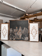 Load image into Gallery viewer, Cowboys &amp; Horses in Desert and Simple Aztec Wood Wall Art | 3 Piece Set
