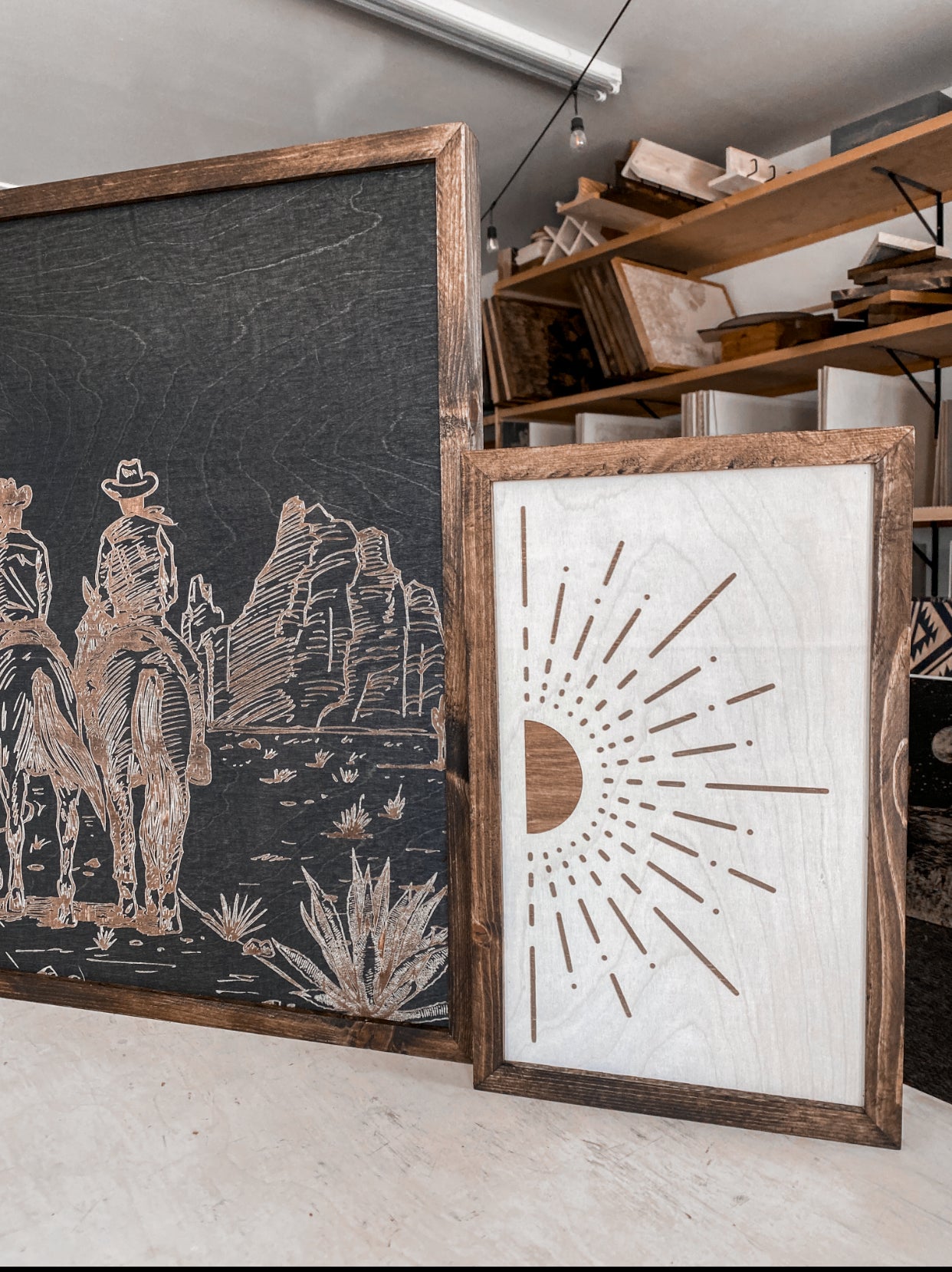 Cowboys & Horses in Desert and Boho Sunburst Wood Wall Art | 3 Piece Set