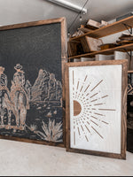 Load image into Gallery viewer, Cowboys &amp; Horses in Desert and Boho Sunburst Wood Wall Art | 3 Piece Set
