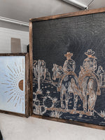 Load image into Gallery viewer, Cowboys &amp; Horses in Desert and Boho Sunburst Wood Wall Art | 3 Piece Set
