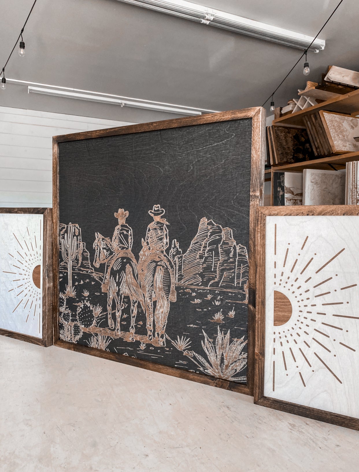 Cowboys & Horses in Desert and Boho Sunburst Wood Wall Art | 3 Piece Set