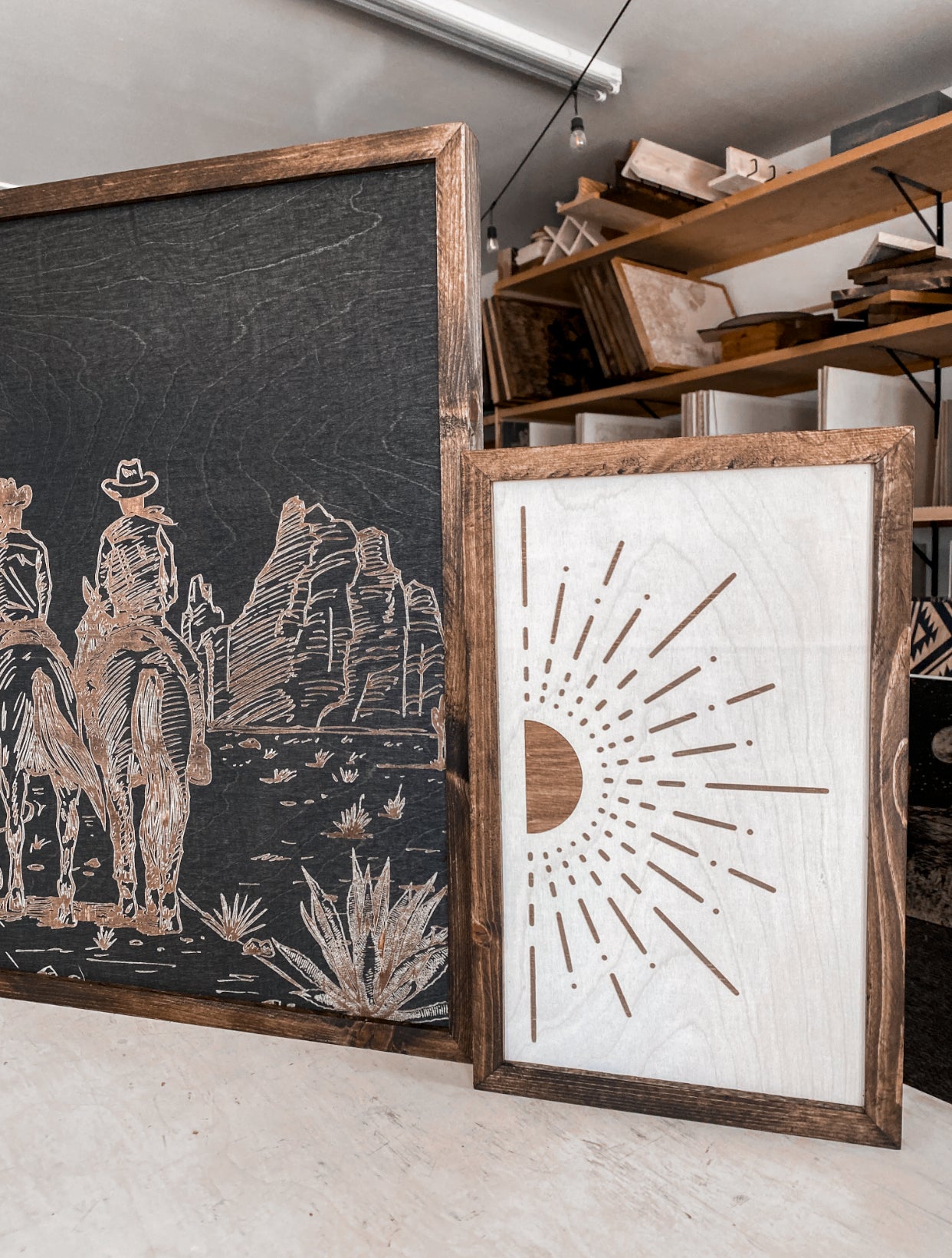 Cowboys & Horses in Desert and Boho Sunburst Wood Wall Art | 3 Piece Set