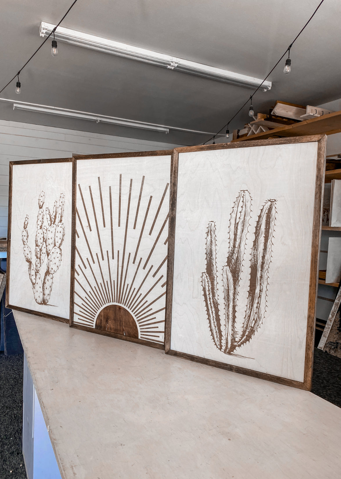 Cactus & Boho Sunburst Wood Wall Art | 3 Piece Set