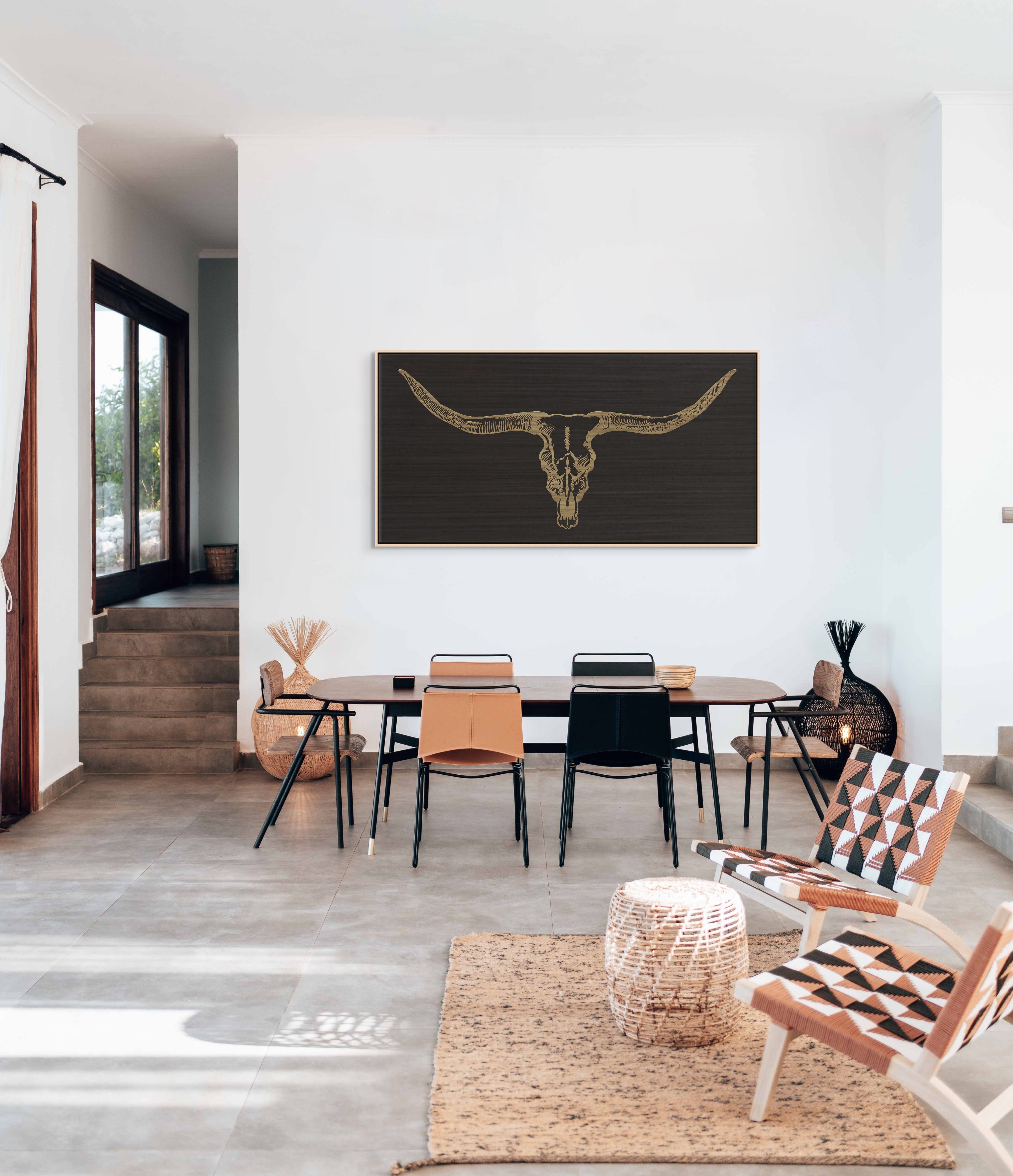 Handcrafted Texas Longhorn skull wall art engraved on rustic wood, western-style home decor