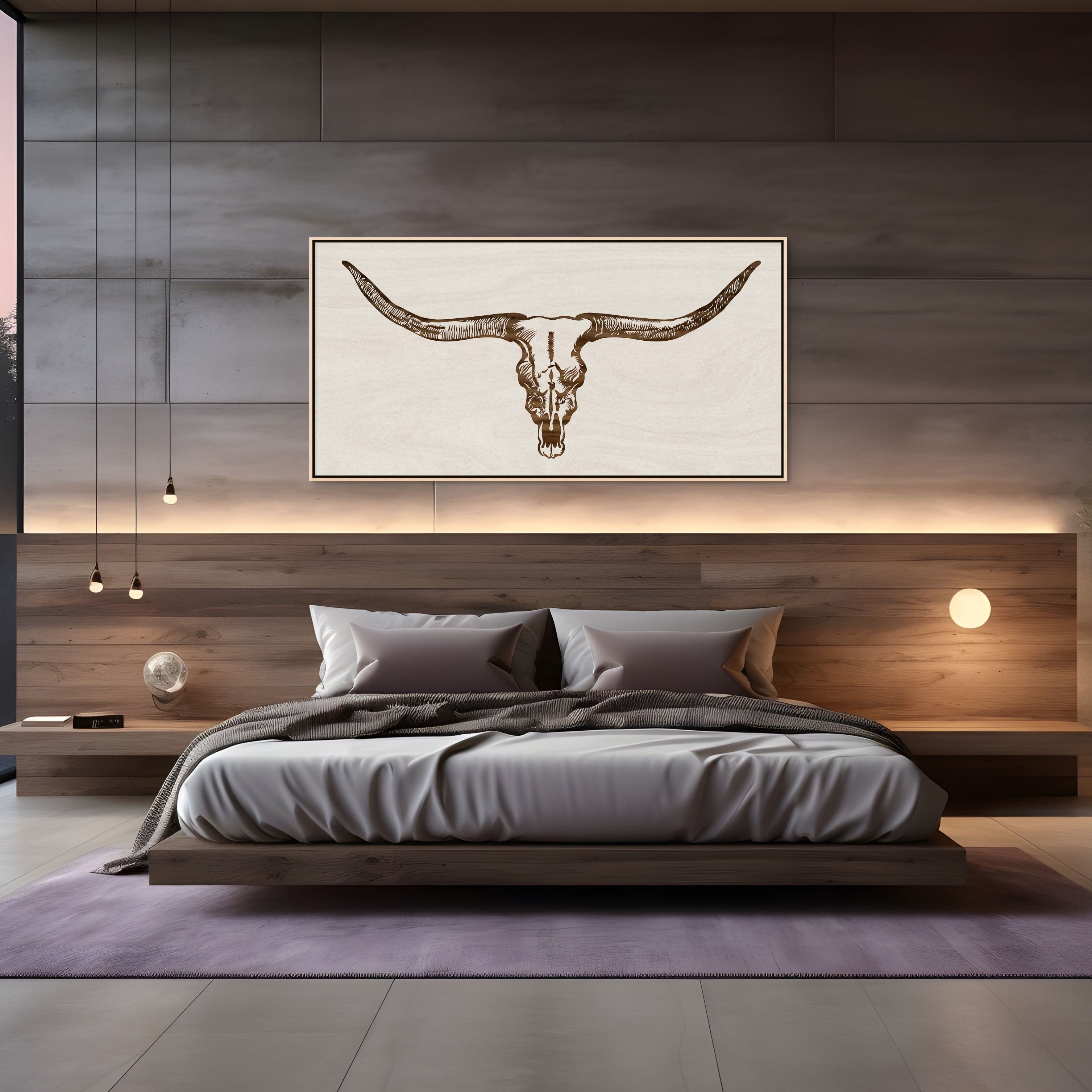Handcrafted Texas Longhorn skull wall art engraved on rustic wood, western-style home decor