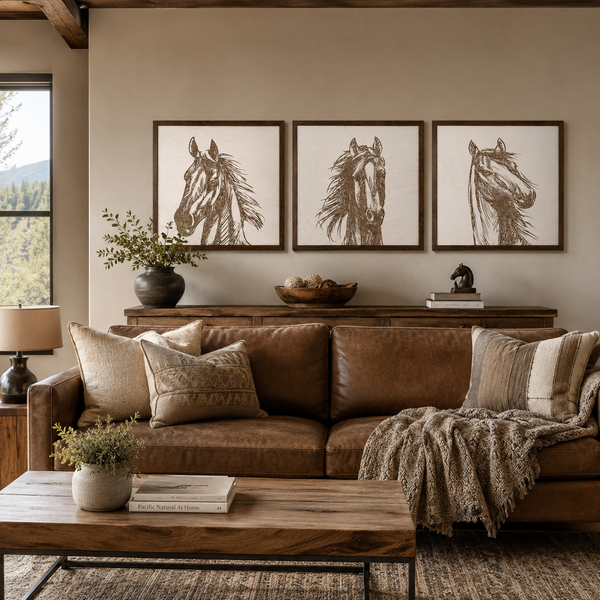 Three Piece Set Hand Sketched Horse Wooden Artwork