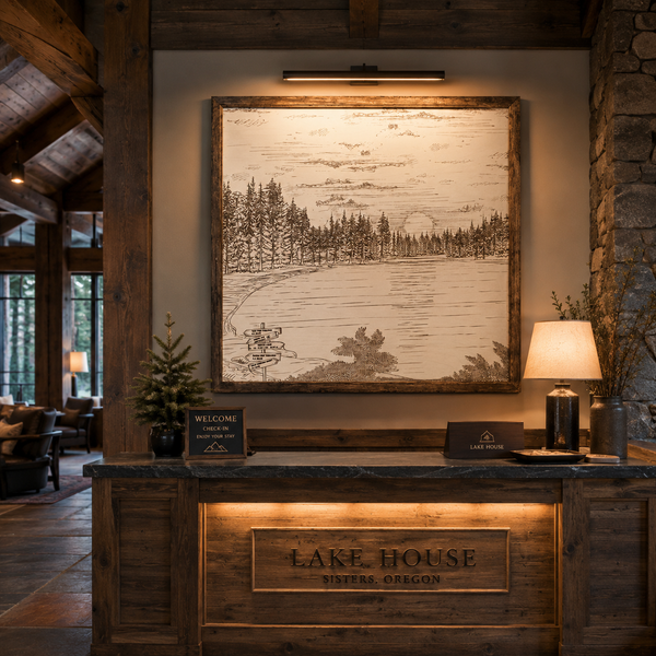 Waldo Lake Hand Sketched Engraved Wooden Artwork